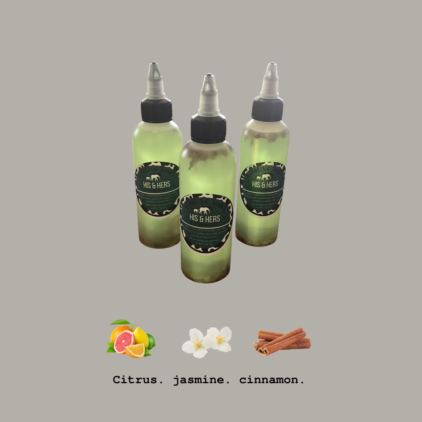 Three small translucent green bottles with pointed caps and dark labels reading H&B HERBS, shown on a plain taupe background with citrus, jasmine, and cinnamon icons and text below.