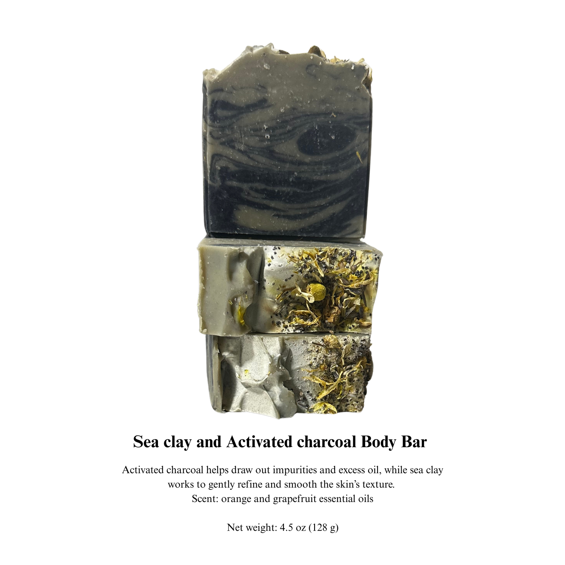 Two layered sea clay and activated charcoal body bar on a white background with product description text.