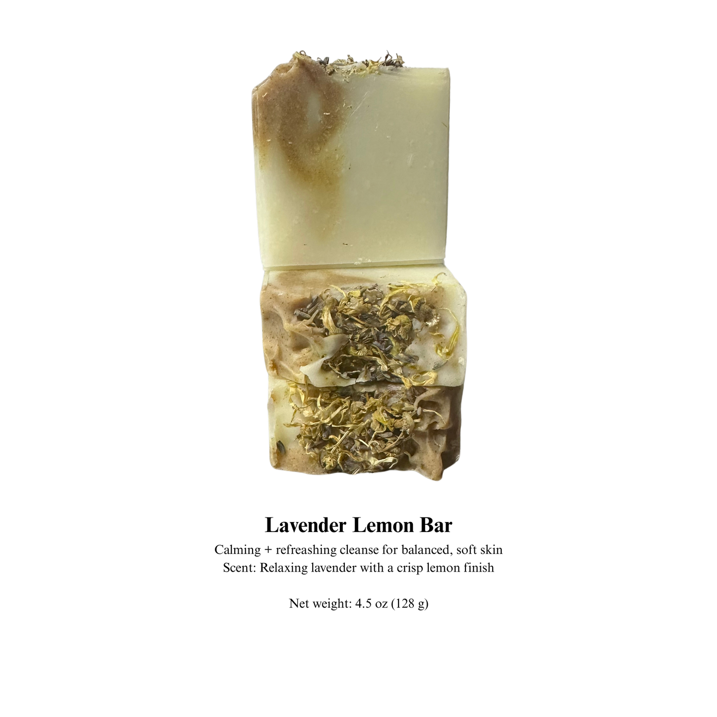 Lavender Lemon Bar soap with visible herbs on a white background