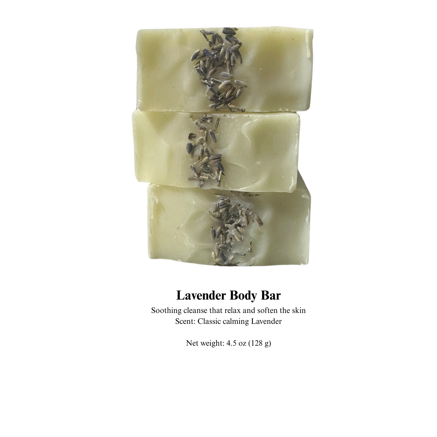 Three stacked lavender body bars with visible lavender buds on a white background.