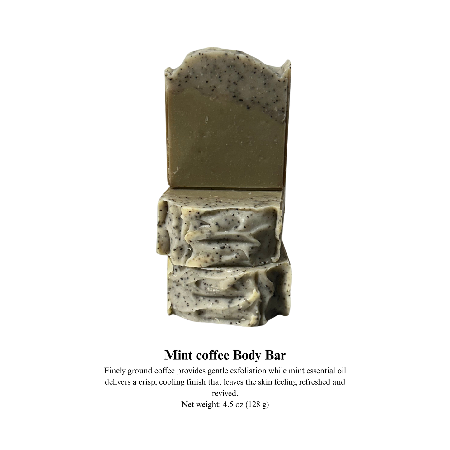 Mint coffee body bar on a white background with product description text.