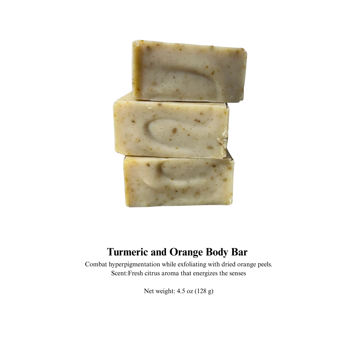 Three stacked turmeric and orange body bars on a white background with product description text.