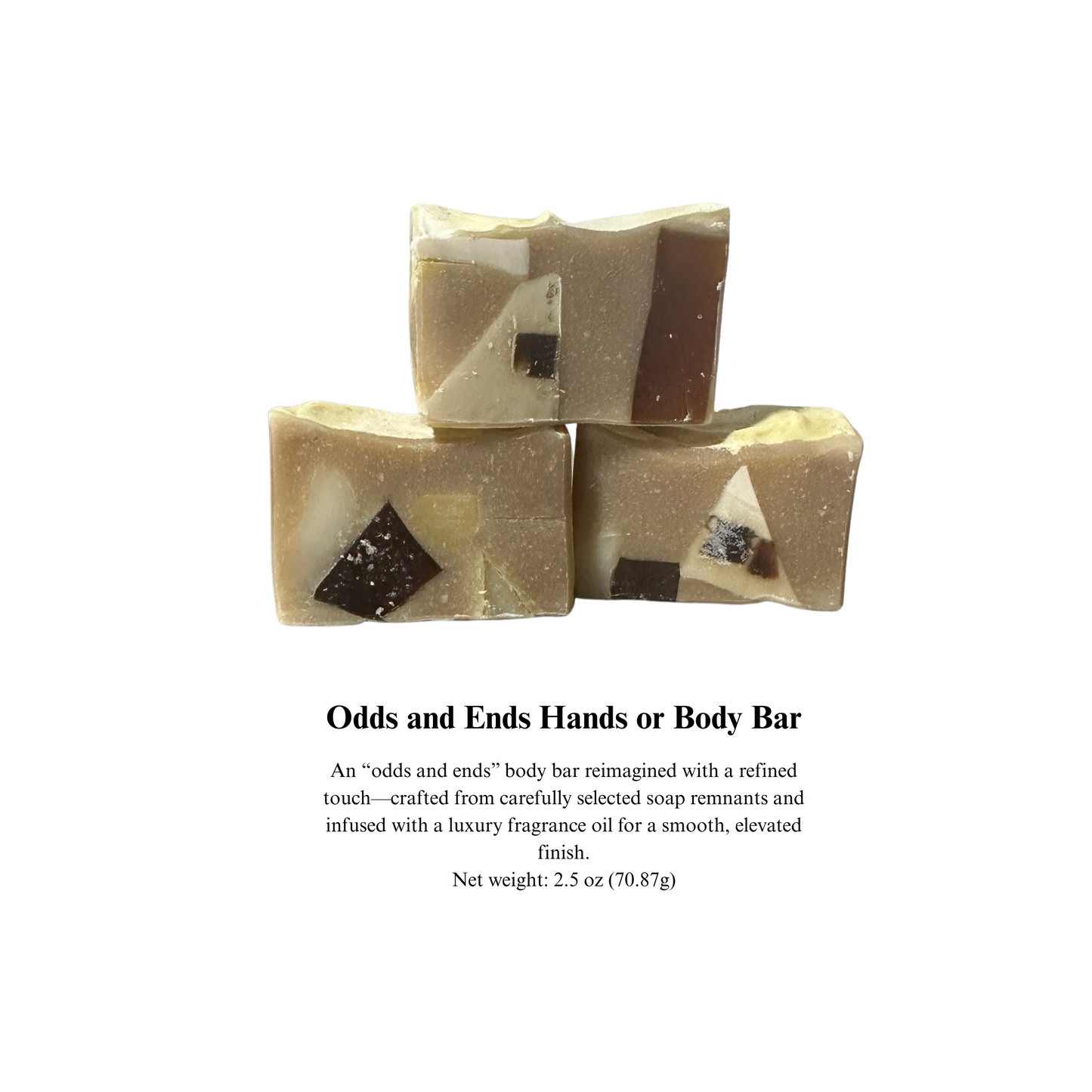 Three layered soap bars with text describing the product on a white background