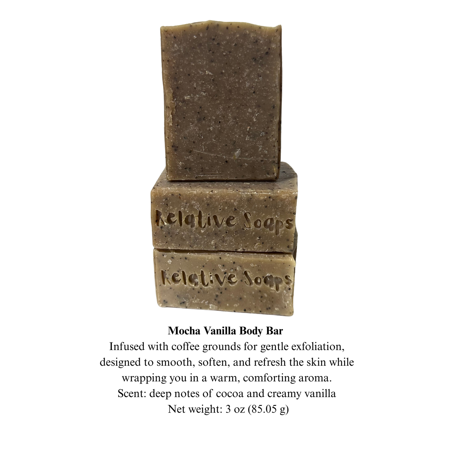 Three Mocha Vanilla body bars stacked on a white background with 'Relative Soaps' branding.