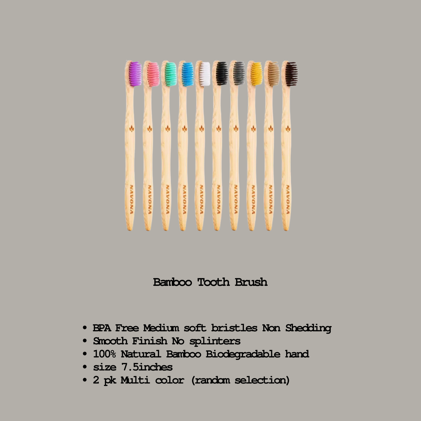 Set of bamboo toothbrushes with colored bristles on a gray background