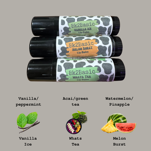 Three lip balm tubes labeled Bk2Basic Vanilla Ice, Melon Burst, and Whats Tea are shown on a plain taupe background, with flavor illustrations and text below each tube.