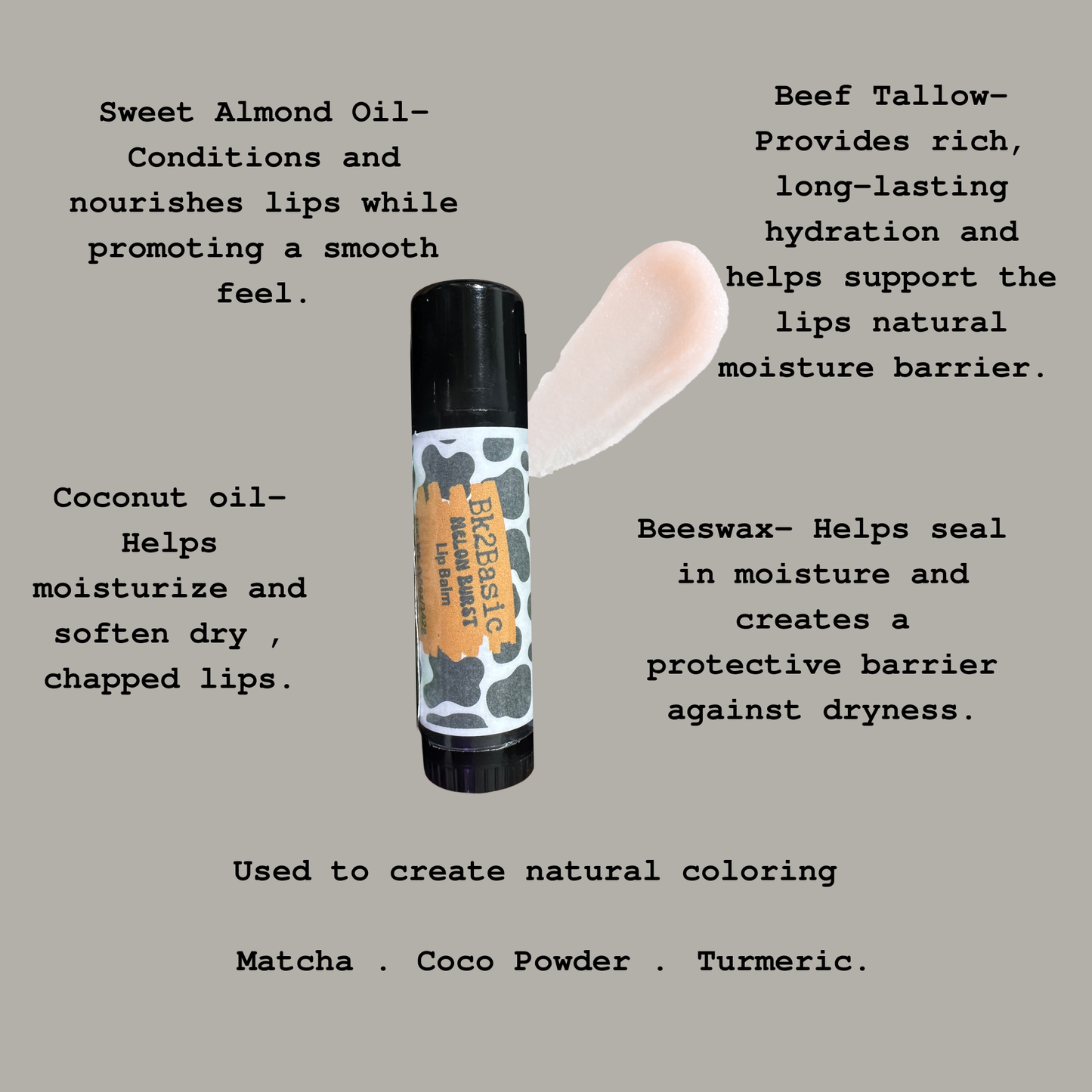 A lip balm stick labeled 'Bk2basic centered on a plain taupe background, surrounded by descriptive text callouts about ingredients such as sweet almond oil, beef tallow, coconut oil, beeswax, and matcha/coco/turmeric powder. A pale peach swatch is shown to the right of the tube.