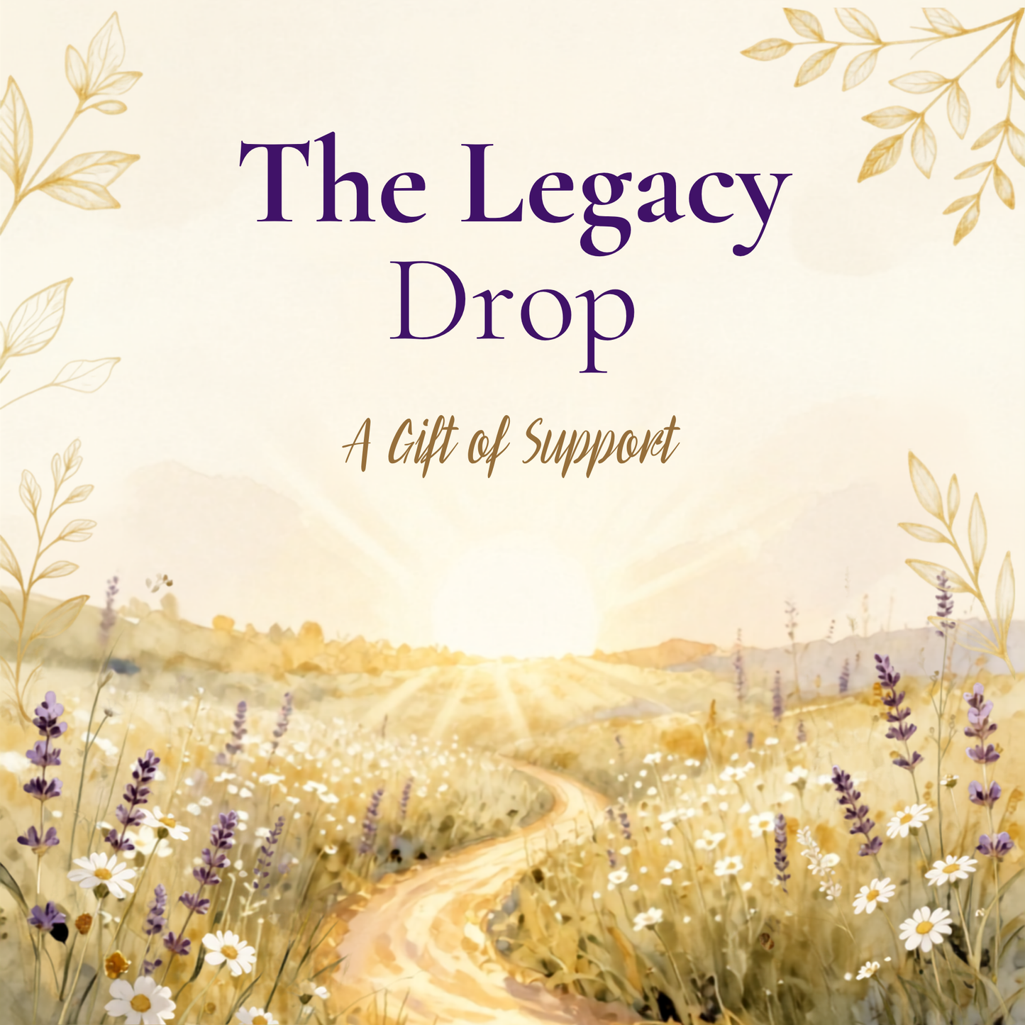 A square promotional graphic with the text 'The Legacy Drop' and 'A Gift of Support' over a soft pastel landscape illustration. The scene shows a sunlit field with a winding path, white and purple wildflowers, and decorative leaf motifs in the corners.