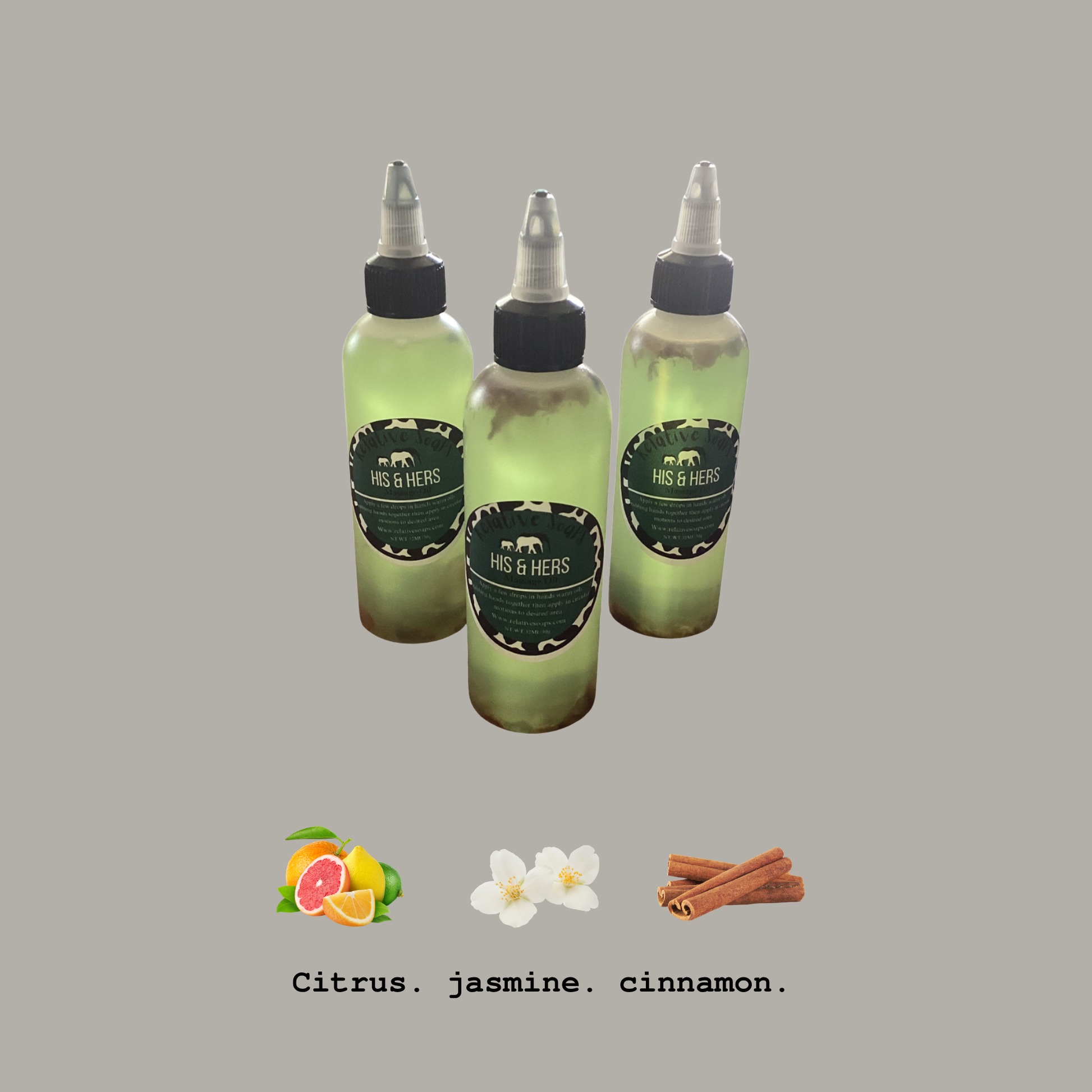 Three small translucent green bottles with pointed caps and dark labels reading H&B HERBS, shown on a plain taupe background with citrus, jasmine, and cinnamon icons and text below.