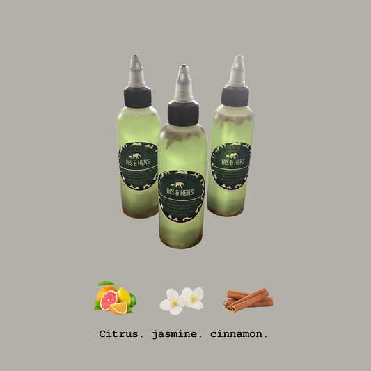 Three small translucent green bottles with pointed caps and dark labels reading H&B HERBS, shown on a plain taupe background with citrus, jasmine, and cinnamon icons and text below.