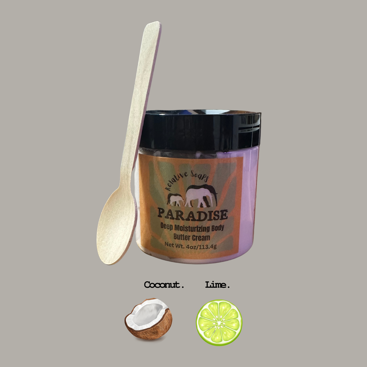 Jar of 'Paradise' deep moisturizing body butter cream with a wooden spoon and coconut and lime graphics on a gray background.