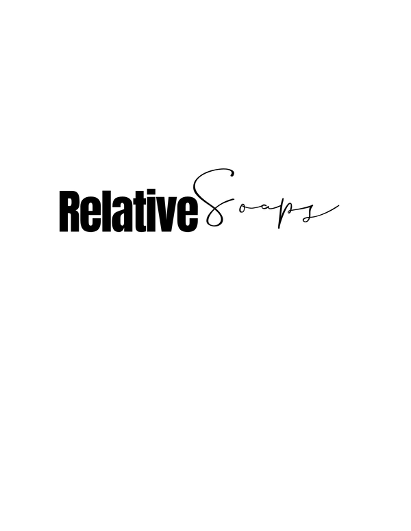 The logo for Relative Soaps is displayed on a solid white background, featuring the brand name in black text with a bold sans-serif font for 'Relative' and a flowing cursive script for 'Soaps'.