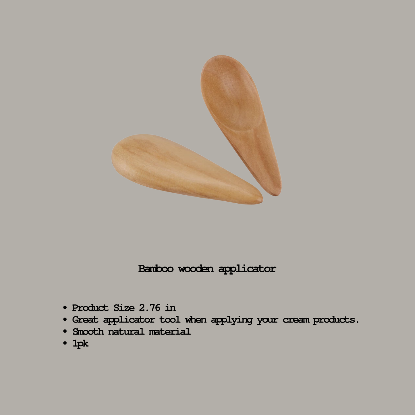 Two bamboo wooden applicators on a gray background with product details.