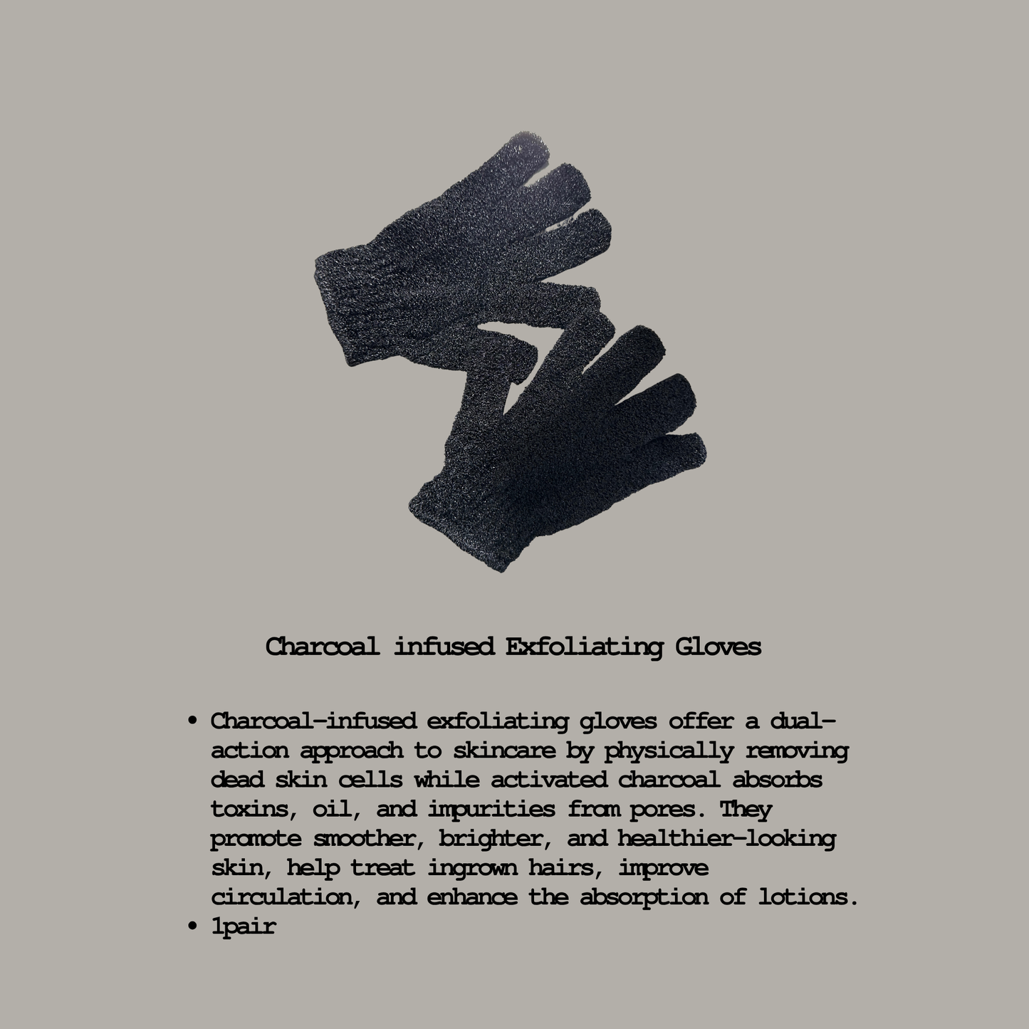 Pair of charcoal-infused exfoliating gloves on a gray background with product description text.