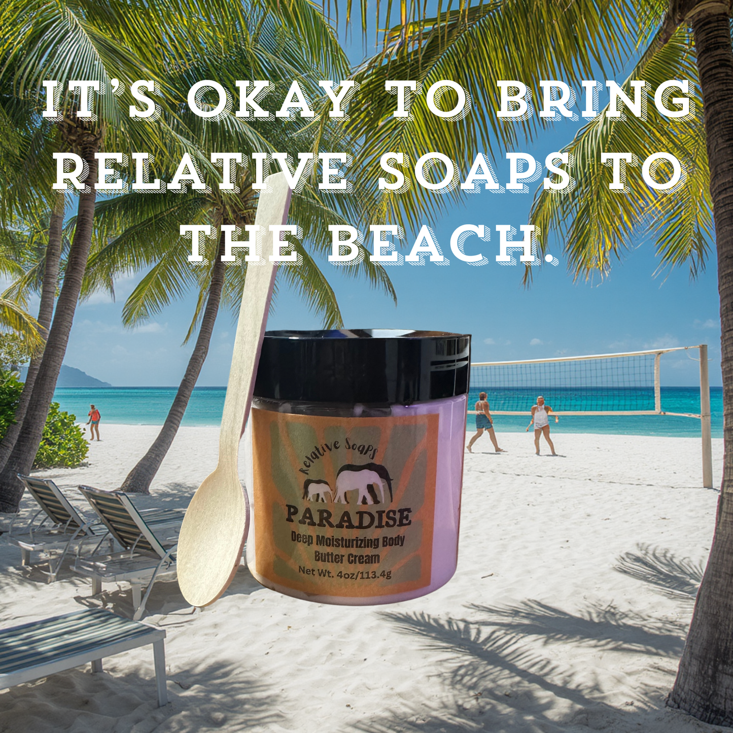 Jar of soap with a spoon on a beach with palm trees and people playing volleyball in the background.
