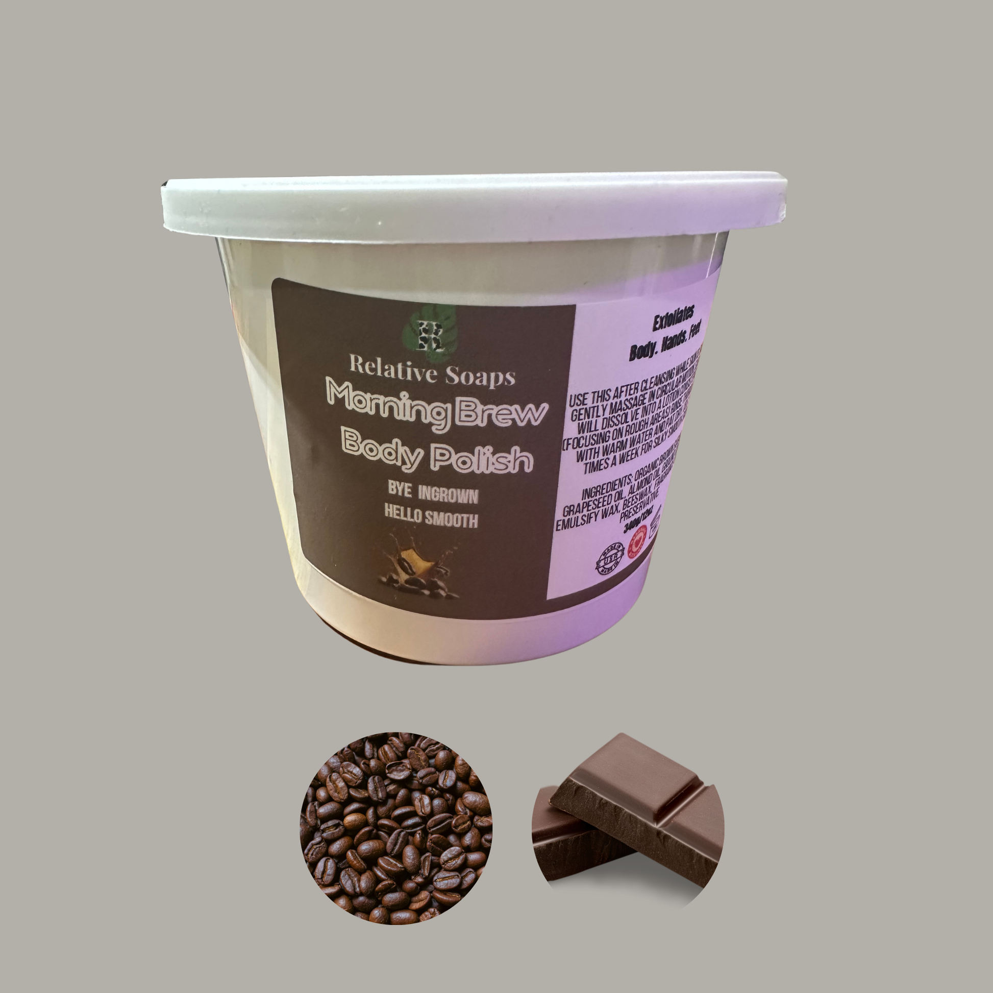 Container of 'Morning Brew' body polish with coffee beans and chocolate pieces on a gray background