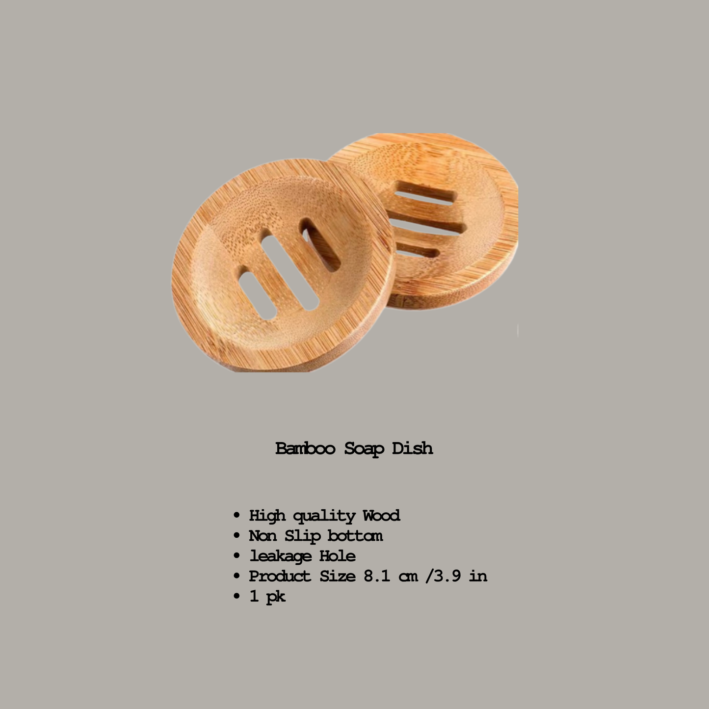Bamboo soap dish on a gray background with product details.