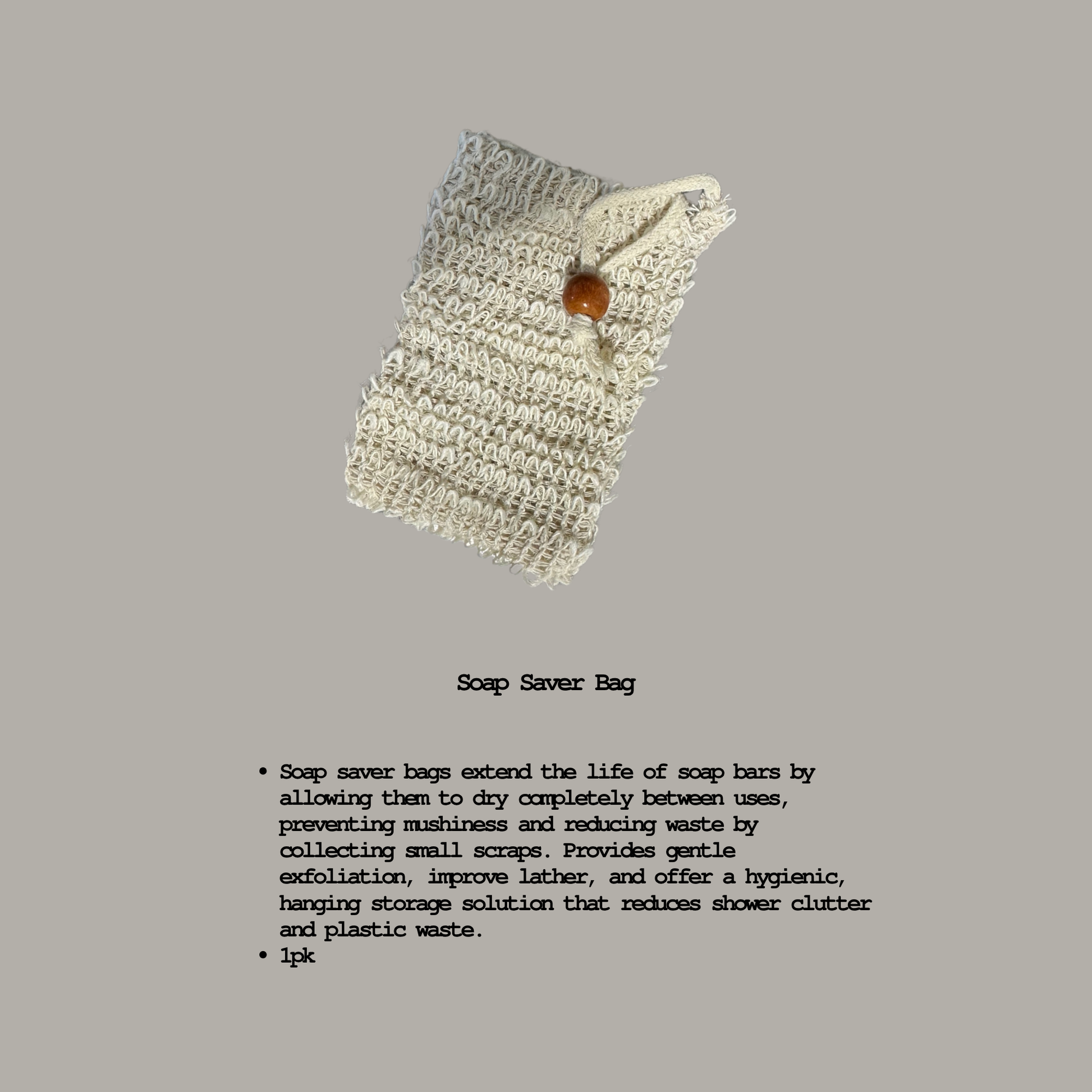 Textured soap saver bag with a bead on a gray background